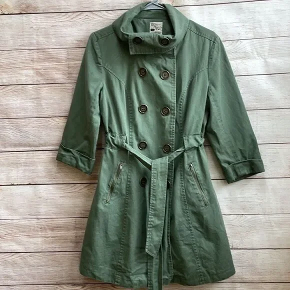 ANTHROPOLOGIE TULLE DOUBLE BREASTED TRENCH COAT IN OLIVE GREEN - Picture 6 of 8